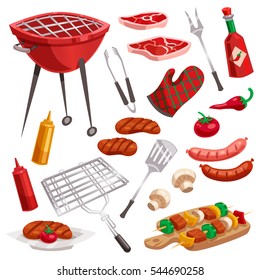 Bbq Barbecue Isolated Elements Set With Outdoor Grill Rig Bottles Of Sauce Raw Food And Flatware Vector Illustration