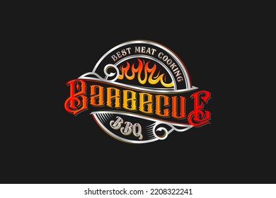 BBQ barbecue logo design vintage flame fire grill spatula carving fork icon symbol restaurant illustration