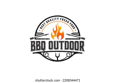 BBQ barbecue logo design vintage flame fire grill hunting outdoor icon symbol restaurant illustration