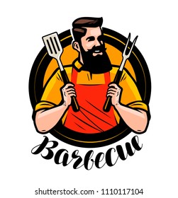 BBQ, barbecue logo or label. Chef or happy cook holding a grill tools spatula and fork. Cartoon vector illustration