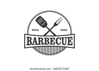 BBQ barbecue logo vintage badge with spatula and fork element icon symbol.