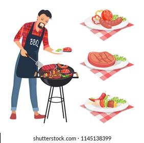 BBQ barbecue man grilling meat on grille grid. Male wearing apron serving roast beef. Brochette and skewer with vegetables, served dishes icons vector