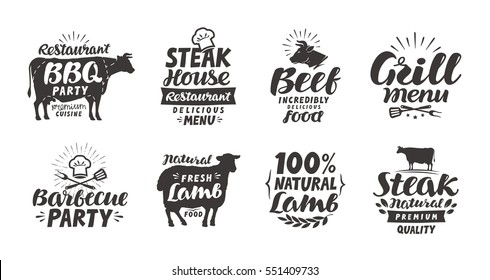 BBQ, barbecue, meat labels. Collection elements for menu design restaurant or cafe. Vector illustration