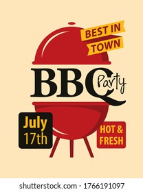 Bbq or barbecue party invitation card. Vector banner in flat style with barbeque grill and inscriptions