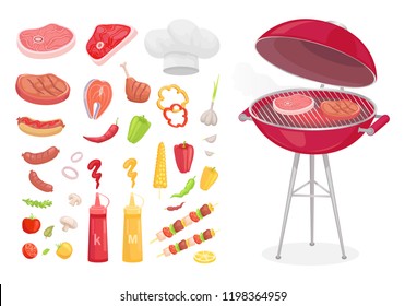 BBQ barbecue set of isolated icons vector. Grille with roasting meat ketchup and mustard, salmon slice. Vegetables and skewer with beef pork and lamb