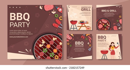 BBQ or Barbecue Social Media Post Template Flat Cartoon Background Vector Illustration