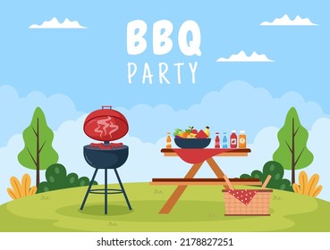 BBQ or Barbecue with Steaks on Grill, Toaster, Plates, Sausage, Chicken and Vegetables in Flat Background Cartoon Illustration