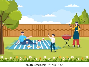 BBQ or Barbecue with Steaks on Grill, Plates, Sausage, Chicken, Vegetables and People on Picnic or Party in the Park in Flat Cartoon Illustration