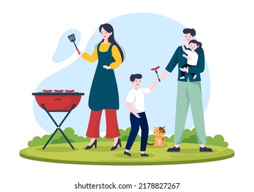 BBQ or Barbecue with Steaks on Grill, Plates, Sausage, Chicken, Vegetables and People on Picnic or Party in the Park in Flat Cartoon Illustration