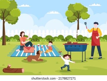 BBQ or Barbecue with Steaks on Grill, Plates, Sausage, Chicken, Vegetables and People on Picnic or Party in the Park in Flat Cartoon Illustration