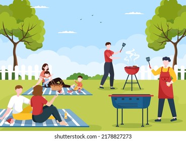 BBQ or Barbecue with Steaks on Grill, Plates, Sausage, Chicken, Vegetables and People on Picnic or Party in the Park in Flat Cartoon Illustration