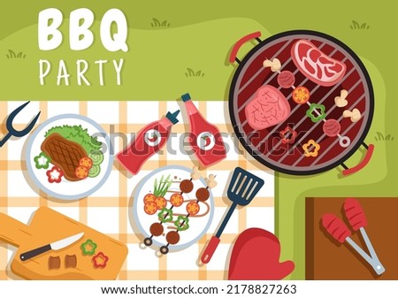 BBQ or Barbecue with Steaks on Grill, Toaster, Plates, Sausage, Chicken and Vegetables in Flat Background Cartoon Illustration