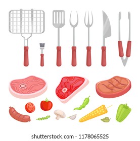 BBQ barbecue tools and meat isolated icons vector set. Grille grate and spatula roasted beef and pork steaks with vegetables tomatoes and corn pepper