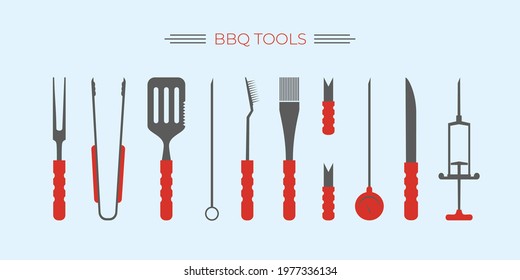 BBQ, barbecue,grill accessories, popular grilling utensils tools set. Thermometer,meat Injector, claws, fork and tongs,spatula, skewer, knife, cleaning brush.Colorful flat isolated vector illustration