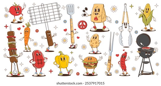 Bbq churrasco desenhos animados personagens groovy. Comida de carne grelhada hippie retro, legumes e ferramentas de churrasco personagens vetoriais. Funky psicodélico churrasco salsicha, bife de carne e hambúrguer, groovy grill personagens