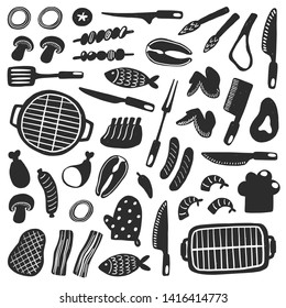 BBQ, barbeque icon set. Grill utensils collection. Hand drawn vector illustration. For menu, steak house, street food festival, bar, cafe, flyer, logo, label.