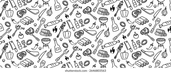 bbq barbeque meat beef pork steak grilled seamless pattern background doodle hand drawing barbecue