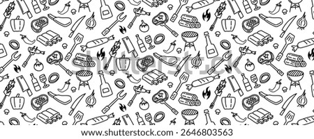 bbq barbeque meat beef pork steak grilled seamless pattern background doodle hand drawing barbecue
