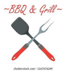 BBQ barbeque tools crossed black simple silhouette. Meat fork with spatula cross.