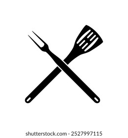 BBQ barbeque tools crossed black simple silhouette. Meat fork with spatula cross.