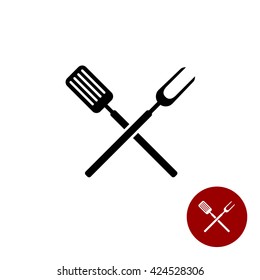 BBQ barbeque tools crossed black simple silhouette. Meat fork with spatula cross.