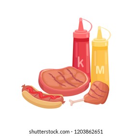 BBQ beef meat beefsteak isolated icon vector. Sauces ketchup and mustard hot dog with bun and sausage frankfurter. Chicken wing nutritious cooked dish