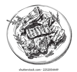 BBQ Beef Meat on a Plate Hand Drawn Engraving Sketch Vector Illustration.