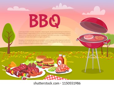 BBQ beef roasting meat poster. Grille beefsteaks cooking in park. Picnic with served plates, hamburger and grilled vegetables with sauces vector