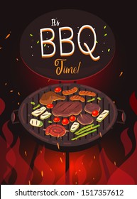 BBQ. Beef, sausage, and vegetables. Vector cartoon illustration. Party poster.