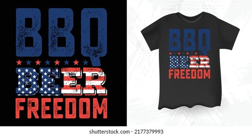 BBQ Beer Freedom Funny Drinking Beer American Flag Vintage Beer T-shirt Design
