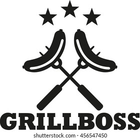 Bbq boss with sausages on fork - german