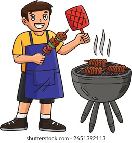 Chá de churrasco e Boy Grilling Skewers Cartoon Clipart 