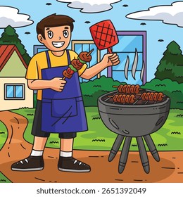 Chá de churrasco e garotinho grelhar Skewers colorido desenhos animados 
