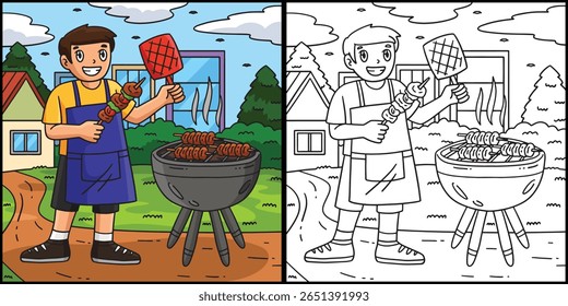 Churrasco e Boy Grilling Skewers Colorir Ilustração
