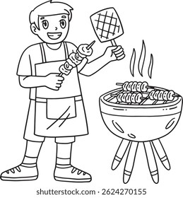 BBQ and Boy Grilling Skewers Isolated Coloring 