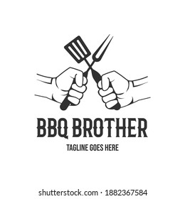 Bbq brother. Vintage grill barbecue with crossed hands hold fork and spatula logo design