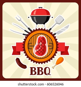 Bbq card with grill objects and icons.