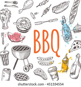 BBQ card. Hand drawn vector illustration with barbeQue elements. Corkscrew, lemonade, beer, tableware, sandwich, watermelon, cheese, beefsteak, sausages, baguette, dip and other.