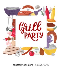 BBQ cartoon card of tools, knives, grill, meat, vegetables, ketchup, coals, firewood. Hand drawing vector illustration for poster, card, print, cool badge, packaging. Lettering inscription quote