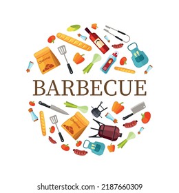 bbq. cartoon decorative circle shape with barbecue tools kitchen items grilled products. Vector illustration for print design projects