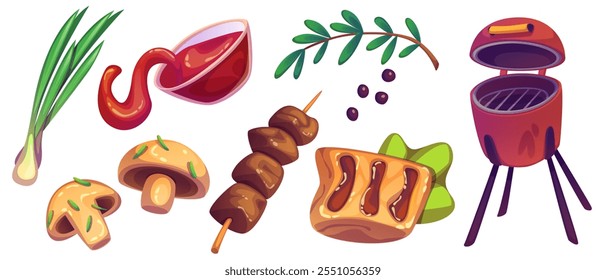 BBQ cartoon set with grilled items - green onion, red sauce bowl, mushrooms with herbs, meat skewer on stick, chicken steak and portable crimson barbecue grill with lid. Summer outdoor cooking.