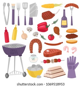 BBQ cartoon set of tools, knives, grill, meat, vegetables, ketchup, coals, firewood. Hand drawing sketch vector illustration isolated on white background for poster, card, print, cool badge, packaging
