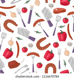 BBQ cartoon set of tools, knives, meat, vegetables, coals, firewood. Vector illustration seamless pattern for fabric, textile, postcards, decoration, design, poster, card, print, badge, packaging
