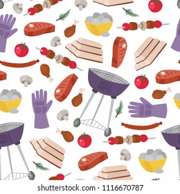 BBQ cartoon set of tools, knives, grill, meat, vegetables, coals, firewood. Vector illustration seamless pattern for fabric, textile, postcards, decoration, design, poster, card, badge, packaging