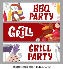 BBQ cartoon set of tools, knives, grill, meat, vegetables, ketchup, coals, firewood. Hand drawing sketch vector illustration isolated on white background for poster, card, print, cool badge, packaging