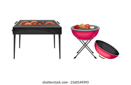 BBQ charcoal kettle fo meat steaks cooking vector illustration