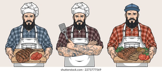 BBQ chef set colorful stickers with muscular man to cook from grill restaurant with fried steak in hands vector illustration