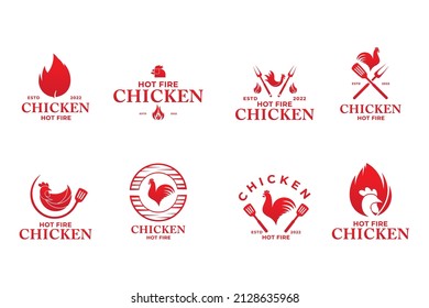 BBQ and chicken, cock, rooster with fire logo template. Grill and hen meat with fork and spatula vector design. Fast food illustration