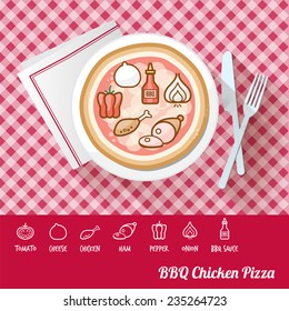 BBQ chicken pizza on a dish with icon ingredients and recipe name at bottom