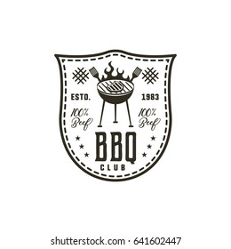 BBQ club label in monochrome style. Invitation to grill, barbeque event. Isolated on white background. Vintage black monochrome design. Stock Vector silhouette.